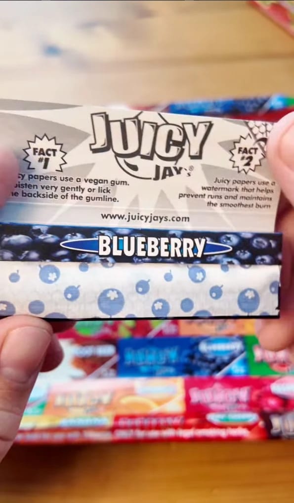 Open pack of Juicy Jay's Blueberry rolling papers held in two hands