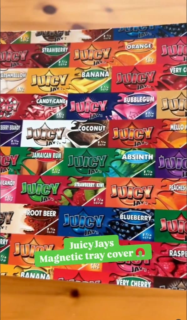 Juicy Jay's magnetic tray cover printed with rolling paper pack artwork